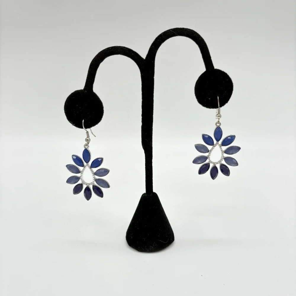 Boho‎ Dangle Earrings Blue Marquise Stones Silver Tone Teardrop Flower Design